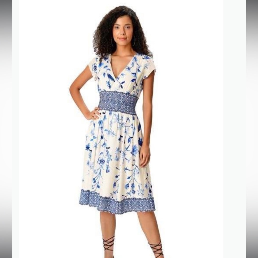 eShakti Floral Print Crepe Pleat Waist Dress Women’s Medium Short Sleeve Pockets